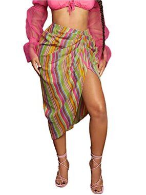 Satin High Waist Ruched Split Front Bodycon Midi Skirt